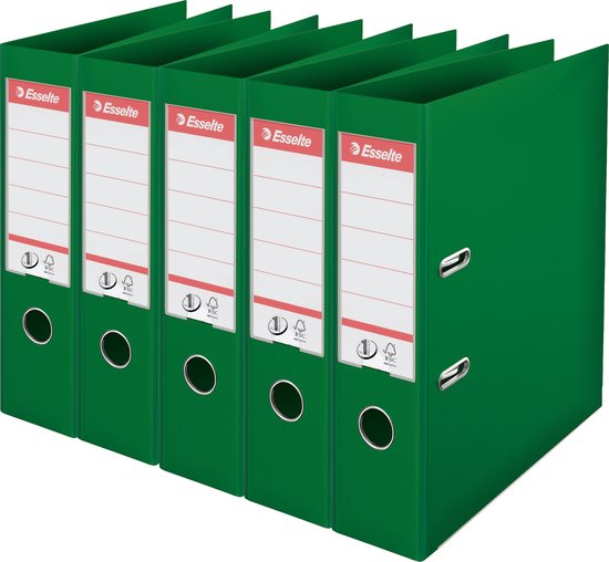 Cinq classeurs Esselte verts avec étiquettes blanches.