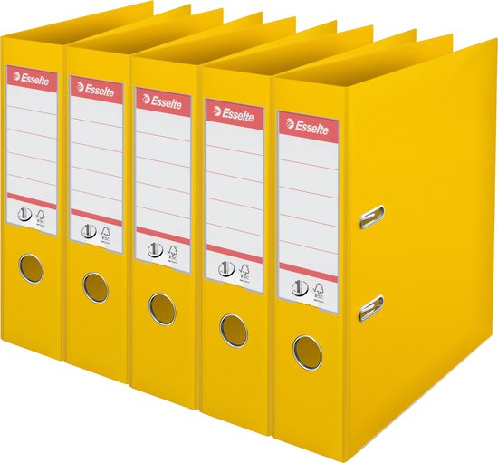 Une pile de cinq classeurs Esselte jaunes, chacun d'une largeur de dos de 75 mm.