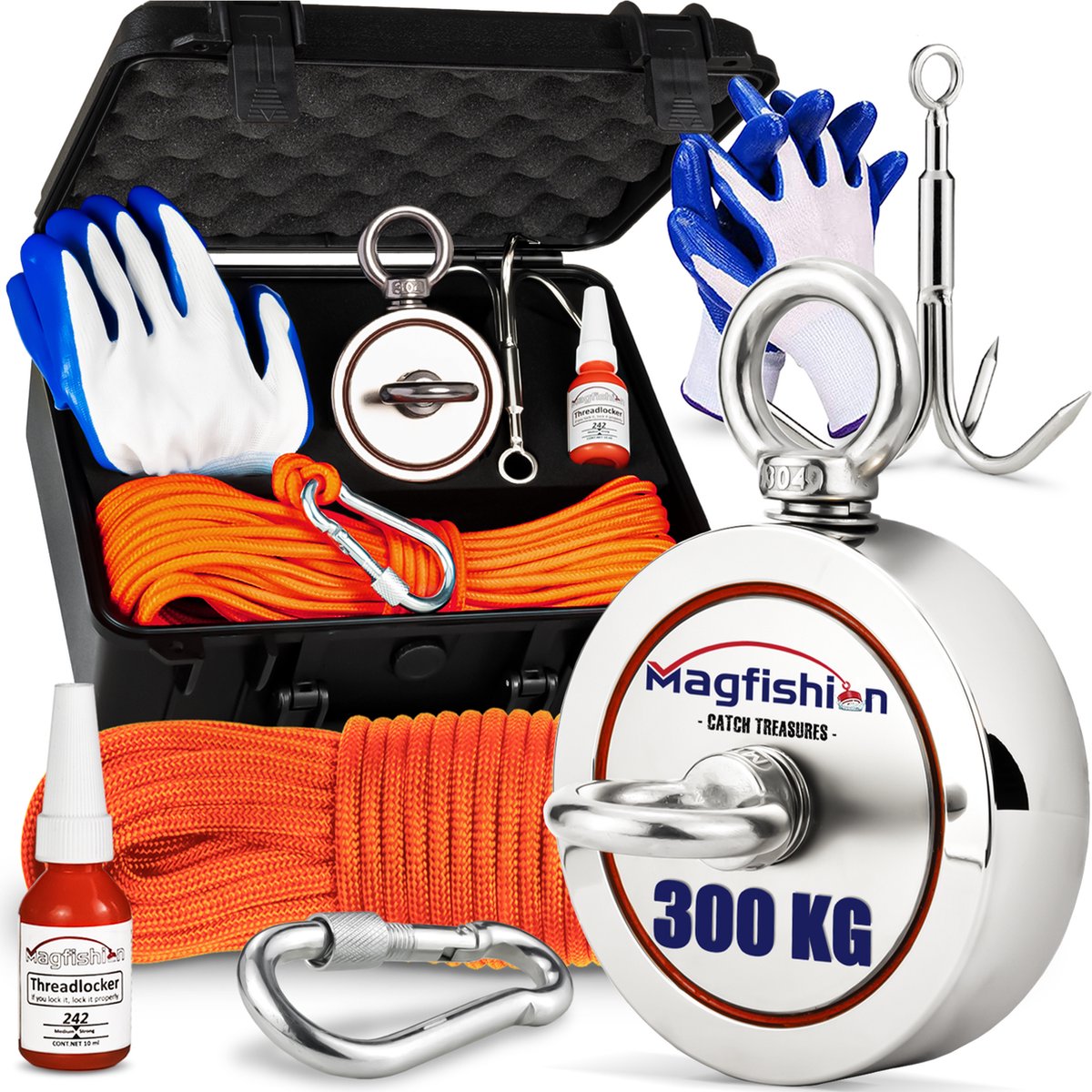 Magfishion Magneetvissen Set 300 KG - Vismagneet - 20 Meter Lang Touw - Vismagneet Koffer voor Magneet Vissen - Karabijnhaak met Schroefsluiting - Handschoenen - Borgmiddel - Magneetvissen Starterspakket - Magneetvissen Kinderen