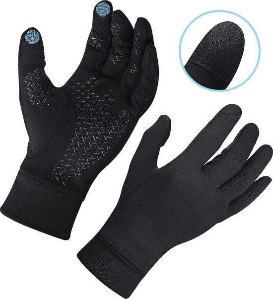 Paar zwarte handschoenen, met de palm naar voren, met een gripdetail en een close-up van de touchpad-vingertop.