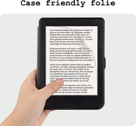 Une main tenant une liseuse avec le texte "Film compatible avec les coques".