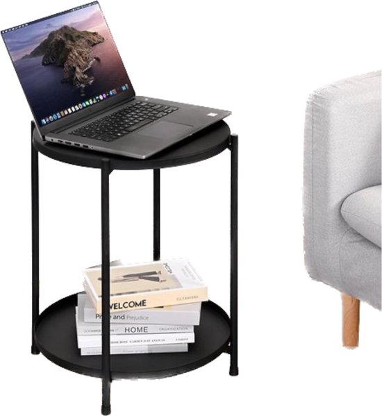 Set van 2 in elkaar geschoven salontafels, ronde MDF bijzettafel, gemarmerd fineer, industriële stijl, bruin