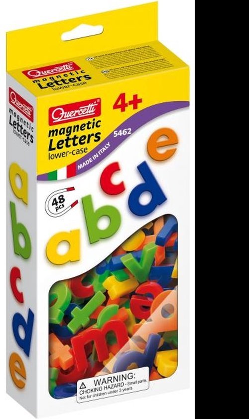 Doos met magnetische kleine letters, 48 stuks, met letters a, b, c, d, e op de zijkant.