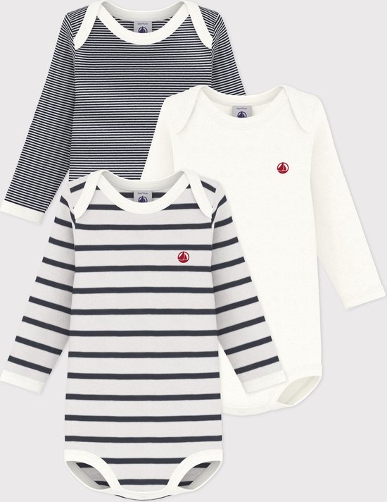 Petit Bateau Set van 3 baby rompers met lange mouwen