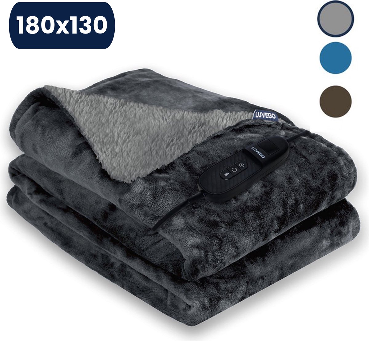 Luvego Elektrische Bovendeken Warmtedeken XL met Fleece/Sherpa | 1 Persoons Omslagdeken | Plaid 180x130 CM | 3.5 Meter Kabel | 160W | Grijs - Luvego - €49,99