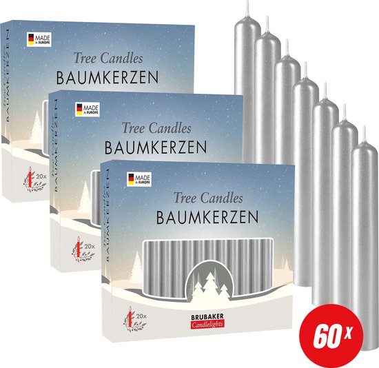 BRUBAKER 60 Stuks Boomkaarsen Was - Zilver - Kerstkaarsen - Piramidekaarsen - Kerstboomkaarsen - 95/12.5 mm – Kaarsen - Kaarsjes