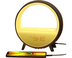 LotaHome - Wake Up Light - Wekkerradio - Met Zonsopgang en Bluetooth Speaker - Draadloze Oplader - Wifi - Cadeau - Wake Up Light met Natuurlijke Geluiden - Smart - Digitale Wekker - Slaapwekker - Lichtwekker - Google Home & Amazon Alexa - Led Light