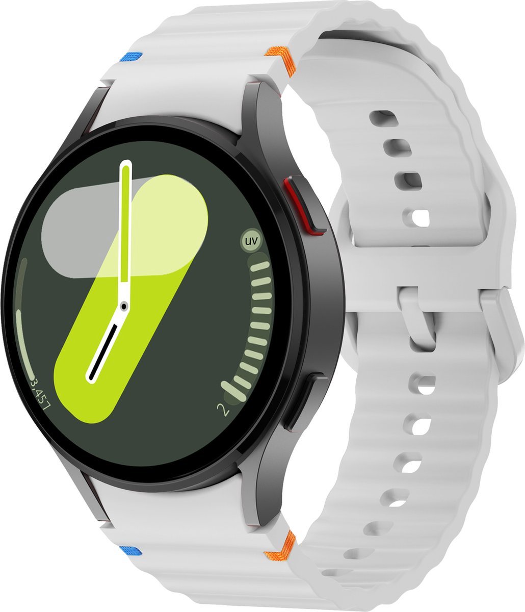By Qubix - Wave Sportband met aansluitknop - 20mm - Grijs - Geschikt voor Samsung Galaxy Watch 7 (40 & 44mm) - Galaxy Watch FE - Galaxy Watch 6 - Galaxy Watch 6 Pro - Galaxy Watch 5 - 5 Pro - Galaxy Watch 4 - 4 Classic