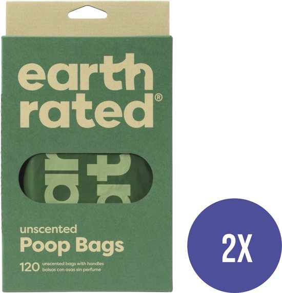 Groene kartonnen verpakking van Earth Rated met "unscented Poop Bags" erop. Inhoud 120 stuks.