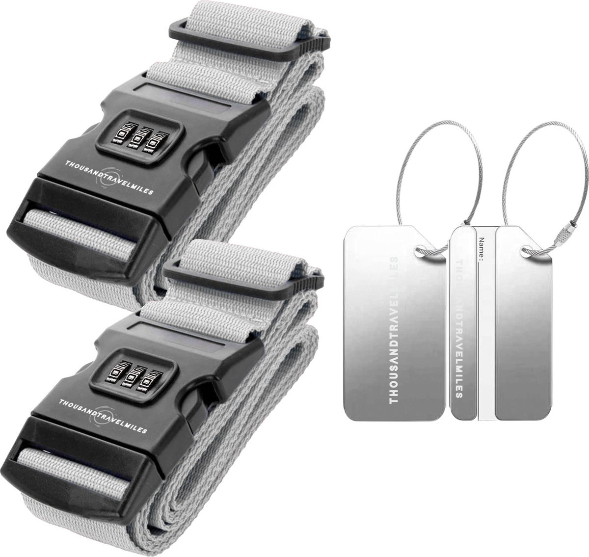 Bol.com Kofferset 4 delig – Kofferriem met cijferslot – Aluminium bagagelabels – Bagageriem – Kofferlabels – Zilver – Thousandtr... aanbieding