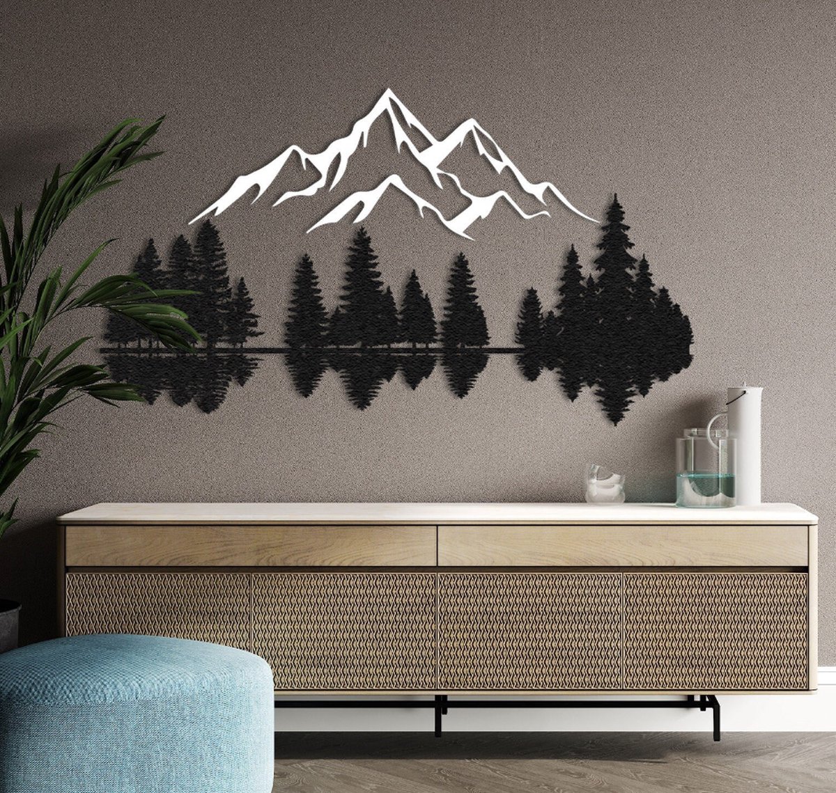 DUOOLN 4 stuks bergscène metalen muurdecoratie, zwarte lijntekening kunst aan de muur, abstracte minimalistische rustieke natuur huis muurkunst sculptuur voor avontuurlijke decoratie en tuin