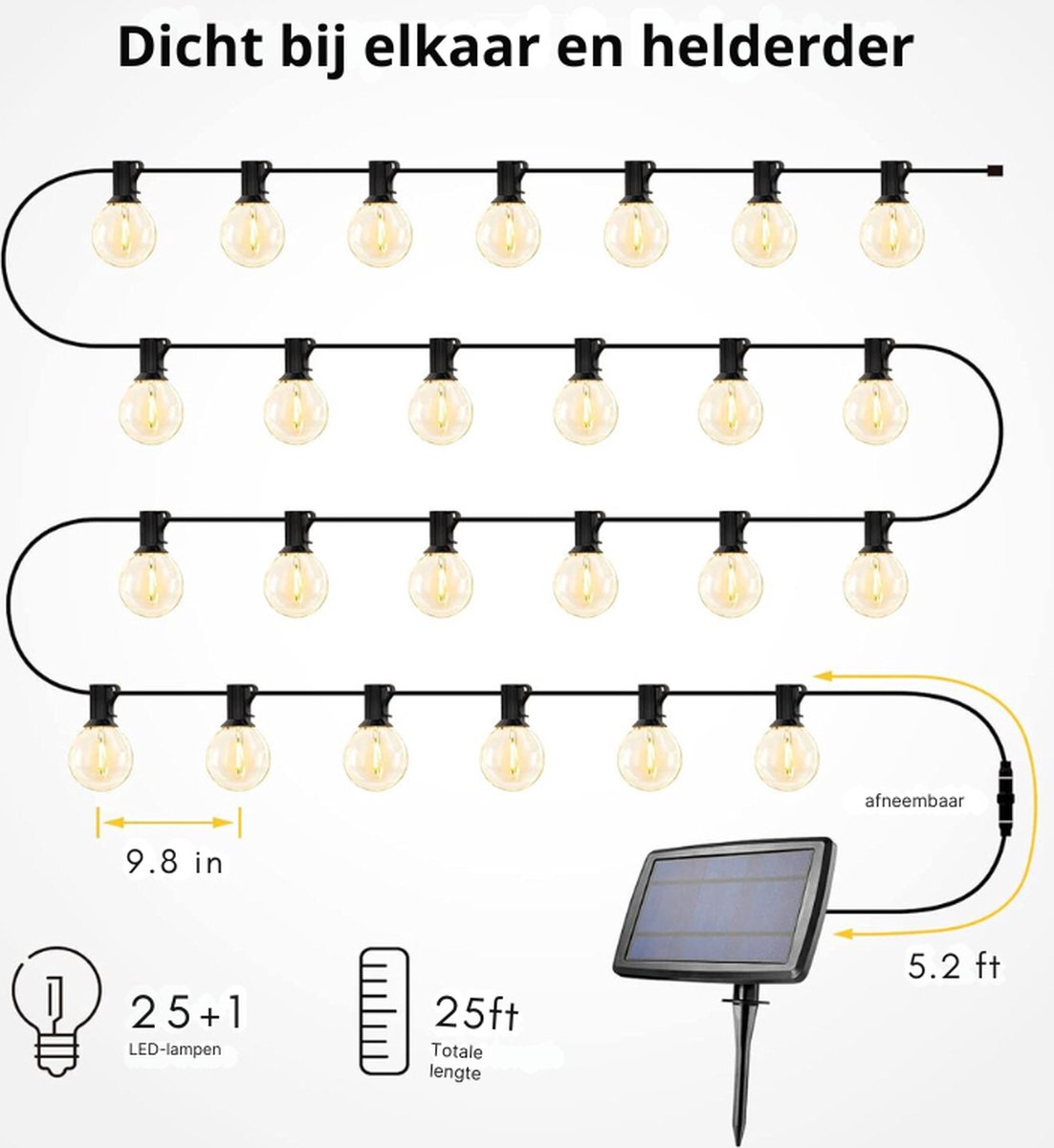 LE Led Lichtketting Buiten op Zonne Energie 7 62m G40 25 Gloeilampen Waterdicht Lichtsnoer Met 4 Modi Warmwit Lichtketen Met Lichtsensorverlichting Decoratieve Feestlichtketting Voor Tuin Terras