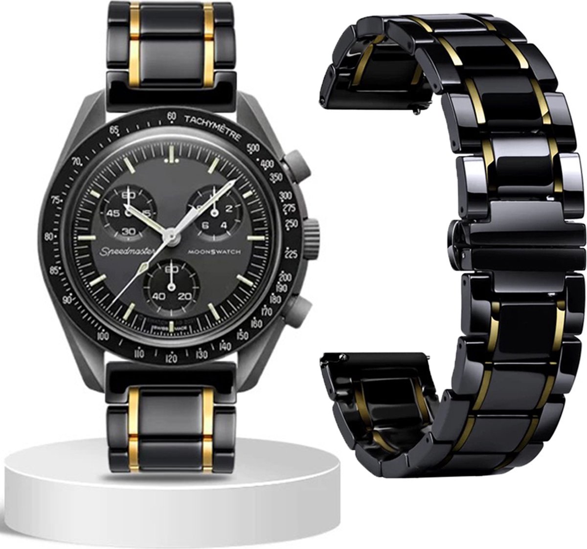 Stravo Luxe Keramische RVS Horlogebandje voor Samsung Galaxy Watch 3 45mm / Galaxy Watch 46mm / Gear S3 Classic & Frontier - Polar Vantage M / M2 / V3 / Grit X - Garmin Vivoactive 4 / Huawei GT 2 / 3 / 4 / 5 / 6 46mm / Xiaomi / Amazfit - Goud