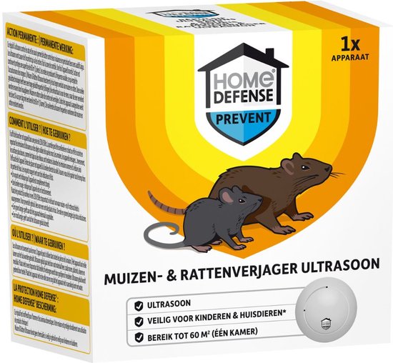 Home Defense - Ultrasone Ratten en Muizenverjager - 60m² bereik - Diervriendelijk - Voor binnen - Ratten verjager