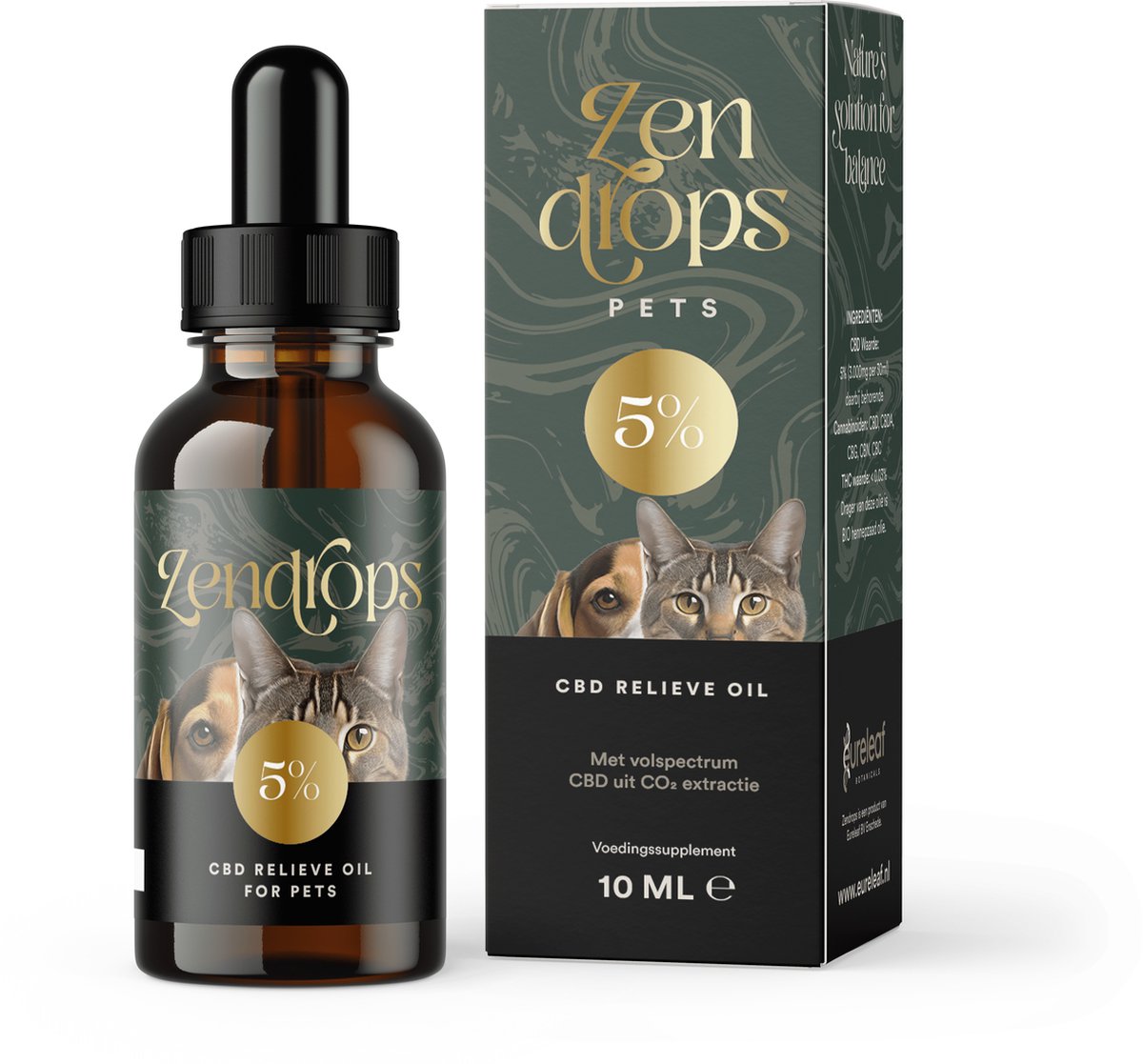 Goedkoopste Eureleaf Zendrops dieren CBD olie 5 - voor katten en honden - 10ml natuurlijke hennepolie, vol spectrum CBD, Europees natuurproduct, Vegan olie, Cannabidiol