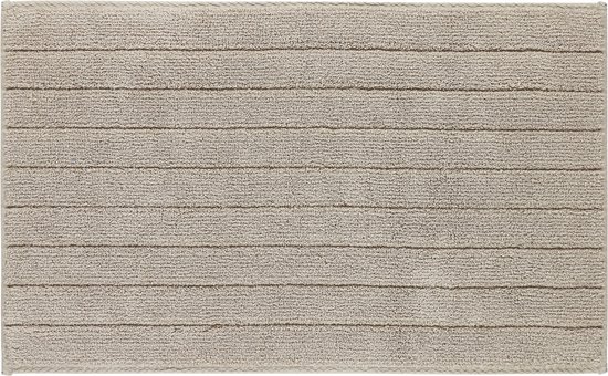 Beige badmat met horizontale ribbels en een gevlochten rand.