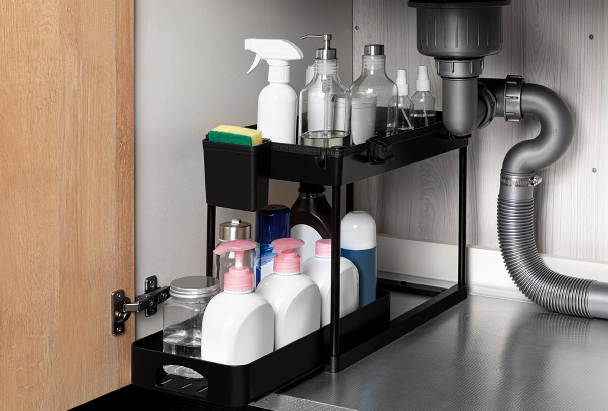 Rangement Meuble Acier YunNasi Organisateur Sous Évier 2 Niveaux - Étagère Réglable Acier Pour Cuisine Salle De Bain 65-75cm Noir Porte Epices Cuisine