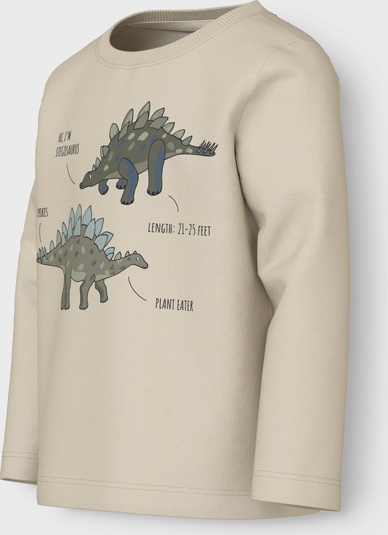 T-shirt beige à manches longues avec un imprimé de deux stégosaures et texte informatif.