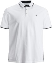 Witte poloshirt met zwarte biezen op kraag en mouwen, met knoopsluiting en klein logo.