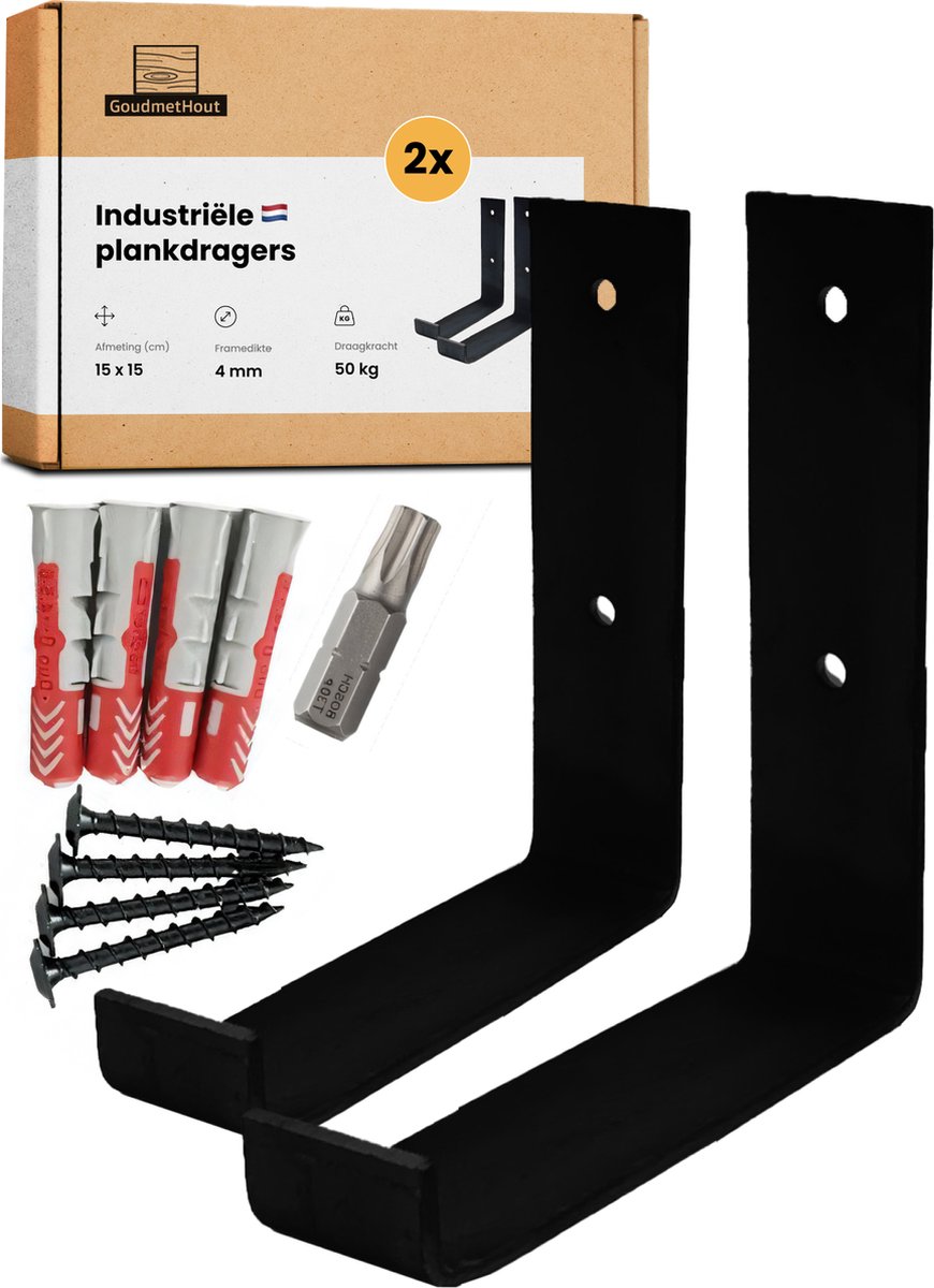 GoudmetHout Industriële Plankdragers L-vorm UP 15 cm - Staal - Mat Zwart - 4 cm x 15 cm x 15 cm - Plankendrager