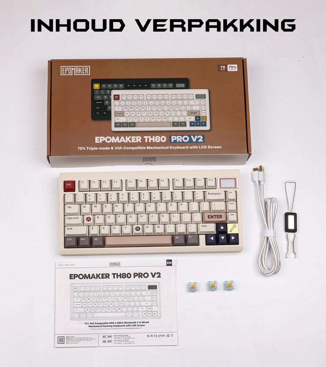 EPOMAKER TH80 Pro V2 - Wit - Mechanisch Draadloos Toetsenbord - 75% - QWERTY - Mechanical Keyboard met Mini Scherm - Wisteria Linear thumbnail 2
