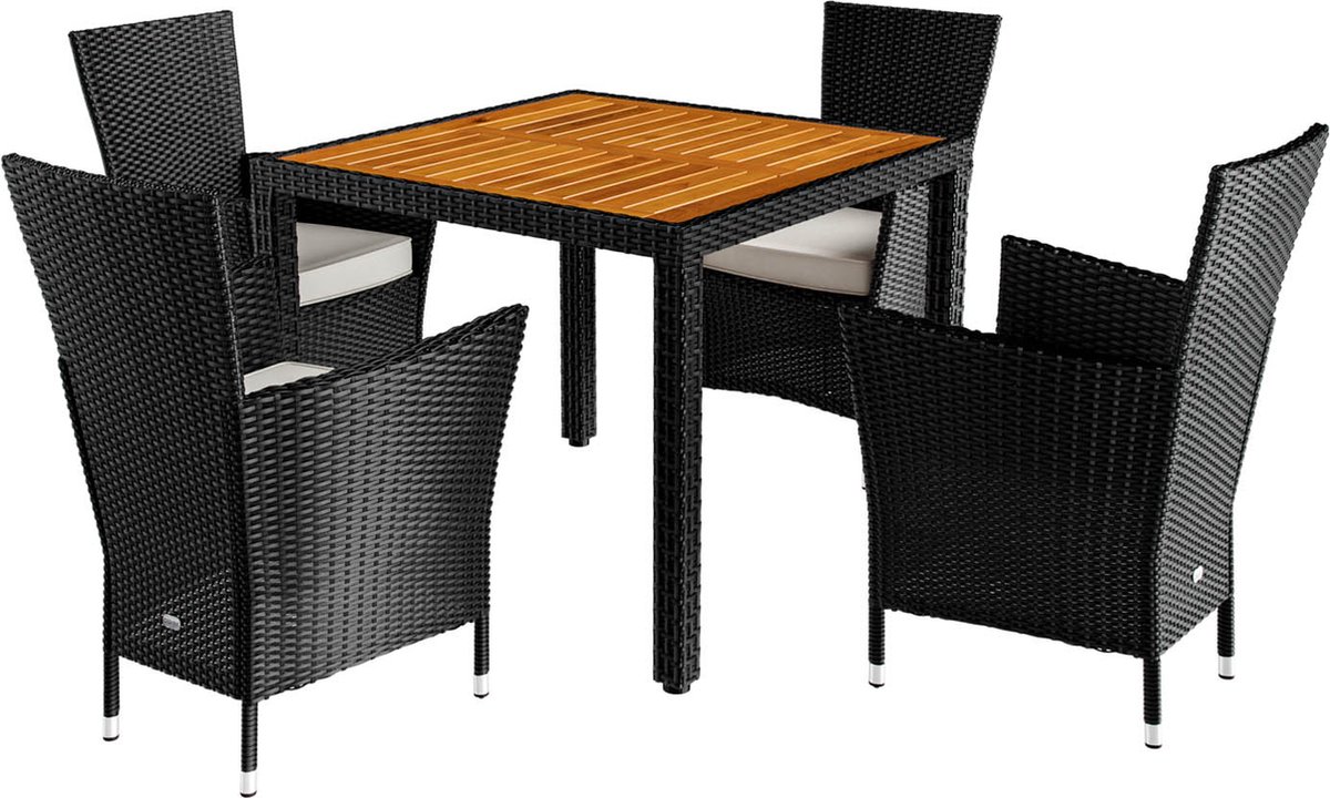 Casaria Tuinset - Acacia Polyrattan Tafel en Stoelen, Zwart.