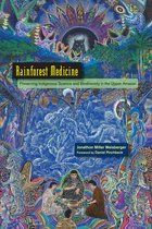 Boek 'Rainforest Medicine' met een gedetailleerde, kleurrijke illustratie van de Amazone, inclusief figuren en planten.