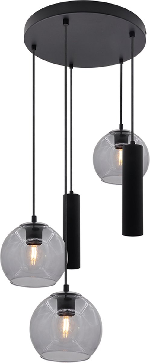 Olucia - GIANNI - Hanglamp - Zwart / Grijs - 5L - Vorm: Rond