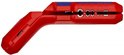 Rood Knipex ontmantelingsgereedschap met blauwe markeringen, bovenaanzicht.