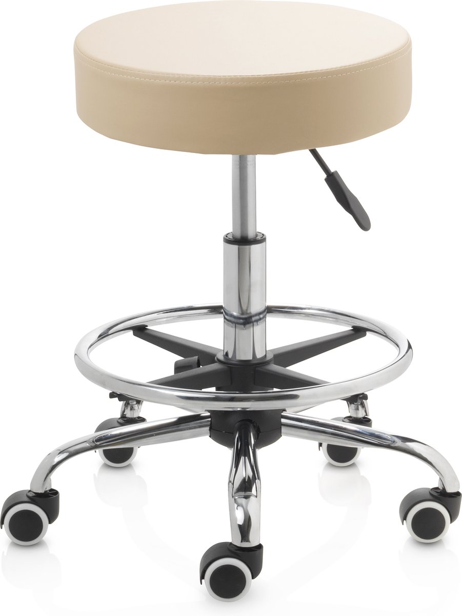 ZenGrowth ergonomische tabouret met middelhoge gasveer beige - Kapperskruk op zachte wielen – Met voetring – Tabouret - In hoogte verstelbaar