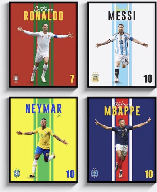 Legendarische Voetbalsterren 4-Luik Poster Set - Formaat 30 x 40 cm - Goal Collection - Messi, Neymar, Mbappé en Ronaldo - Voetbal Posters
