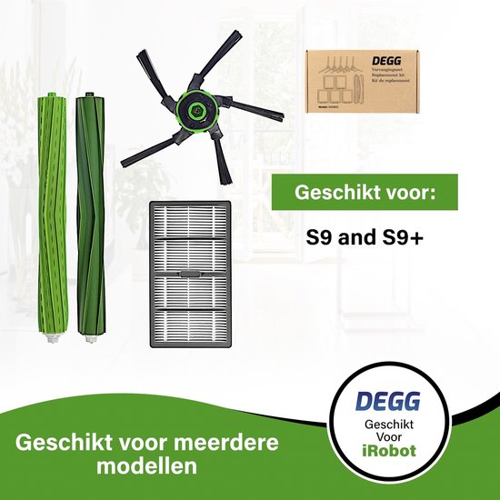 Onderhoudsset met zijborstels, filters en rollen, geschikt voor iRobot Roomba S9 en S9+ modellen.