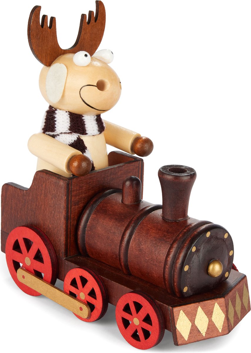 BRUBAKER Rokende man van hout - eland met sjaal en locomotief - rokende figuur tafeldecoratie voor Kerstmis uit het Ertsgebergte - Decoratie rokende man spoorweg kersttrein
