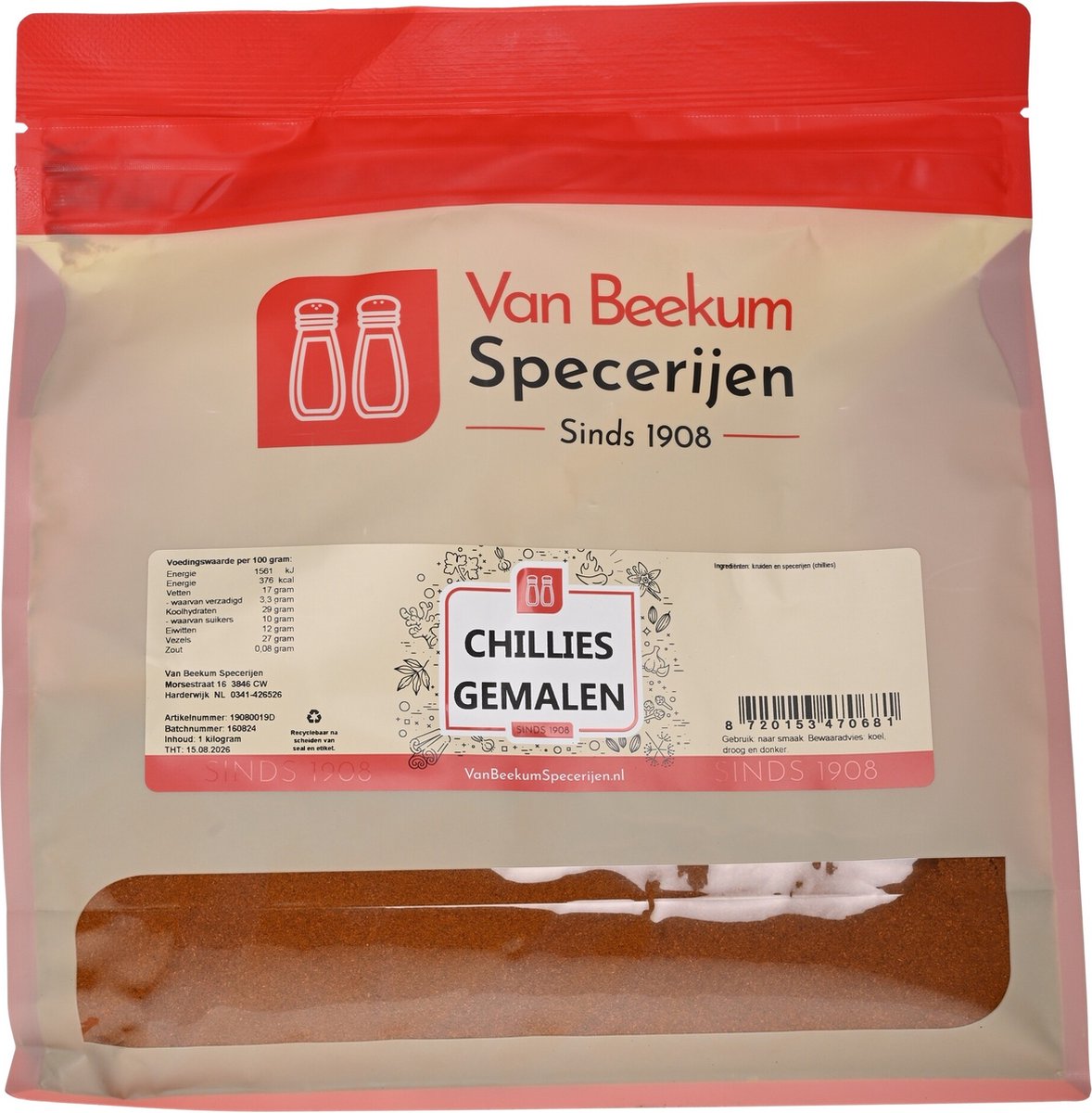 Goedkoopste Van Beekum Specerijen - Chillies Gemalen - 1 kilo (hersluitbare stazak