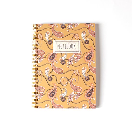 Luxe notitieboek A5 - Paisley okergeel - Cadeau juf - Notitieboekje met harde kaft - Notitieboek met ringband - Gelijnd - Notitieboekje met paisley print