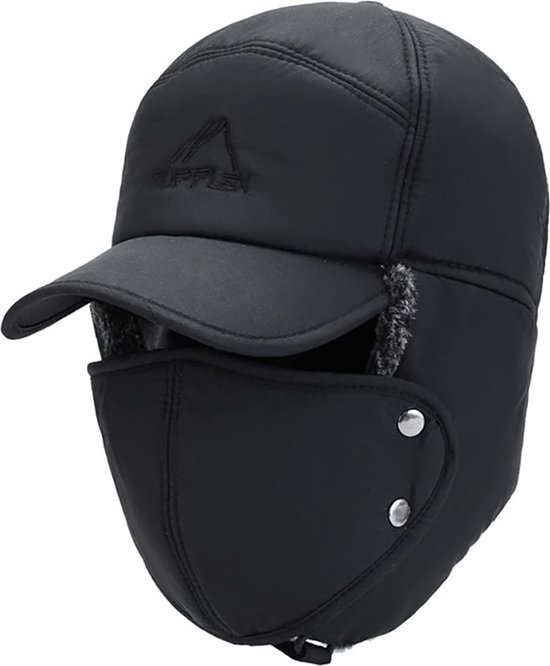 Unisex - Heren Winter Muts - Dames Bont Hoed - Imitatie leren bontmuts pilotenmuts - katoen - zwart - één maat - 56-60cm - Winter Trendy elektrische fiets-oorbeschermer - warm houden