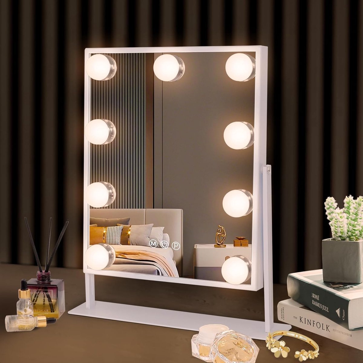 Goedkoopste PolkaHome Bluetooth Make-upspiegel met verlichting draadloos oplaadstation Hollywood Spiegel met 3 kleuren licht & 9 dimbare led lampen spiegel met verlichting 360 graden rotatie makeup spiegel