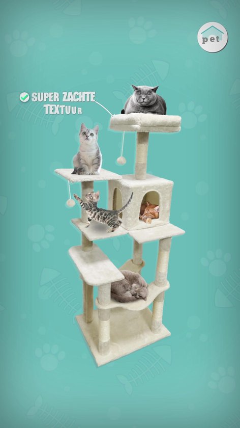 Krabpaal voor Katten met Kattenmand & Kattenspeelgoed XXL - 5 Niveaus - Hangmat - Sisal Touw - 55 x 45 x 143 cm - Incl Muurbevestiging - Krabmat - Kattenhuis - Kattenbed - Kattenpaal - Kattentoren - Kattenspeeltjes - Kattenboom - Beige - PetVille
