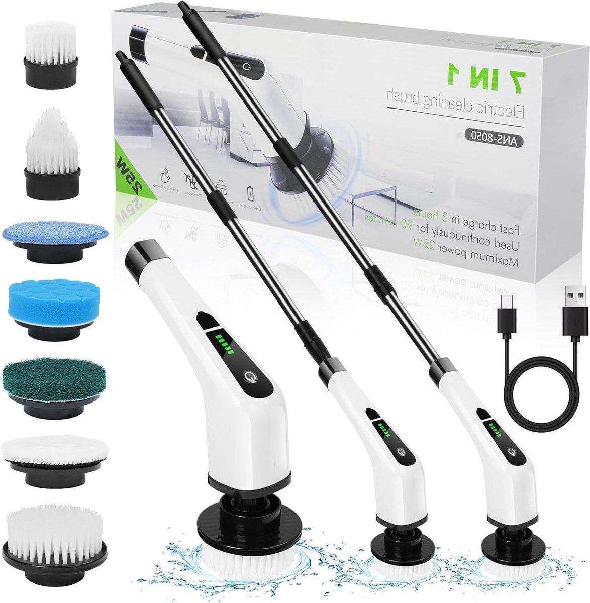 Goedkoopste Elektrische reinigingsborstel met telescoopstang - 7 verwisselbare borstelkoppen - voor badkamers, badkuipen, vloeren, tegels - huisreiniging