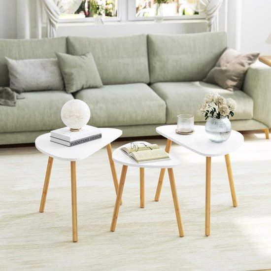 Bijzettafel, set van 3, kleine tafel voor woonkamer, salontafel, hout, salontafel, woonkamertafel voor tuin, slaapkamer, balkon, wit HMTM-F-231