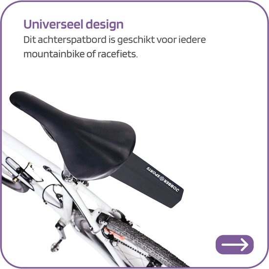 Een zwart fietsspatbord gemonteerd onder het zadel van een witte racefiets.