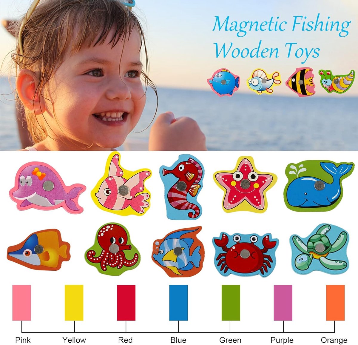 Jeu De Pêche Bois Montessori Jeu De Pêche Magnétique En Bois Victse - Jouet Montessori Éducatif Enfants Dès 2 Ans (Bleu