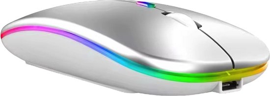 Draadloze Muis - 2.4G - Oplaadbaar - Bluetooth Muis Draadloos - RGB LED - Laptop - Universeel - Ergonomisch - 4 Knoppen - Stil - Zilver