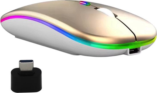 Draadloze LED Bluetooth Muis - Ergonomisch - RGB - Laptop en Gaming - Draadloos - Goud - Met USB-C hub
