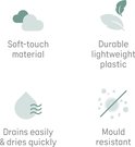 Vier iconen met tekst: soft-touch materiaal, duurzaam lichtgewicht plastic, gemakkelijk te legen en droogt snel, schimmelbestendig.