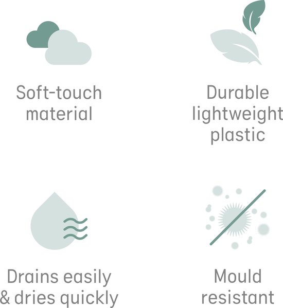 Vier iconen met tekst: soft-touch materiaal, duurzaam lichtgewicht plastic, gemakkelijk te legen en droogt snel, schimmelbestendig.