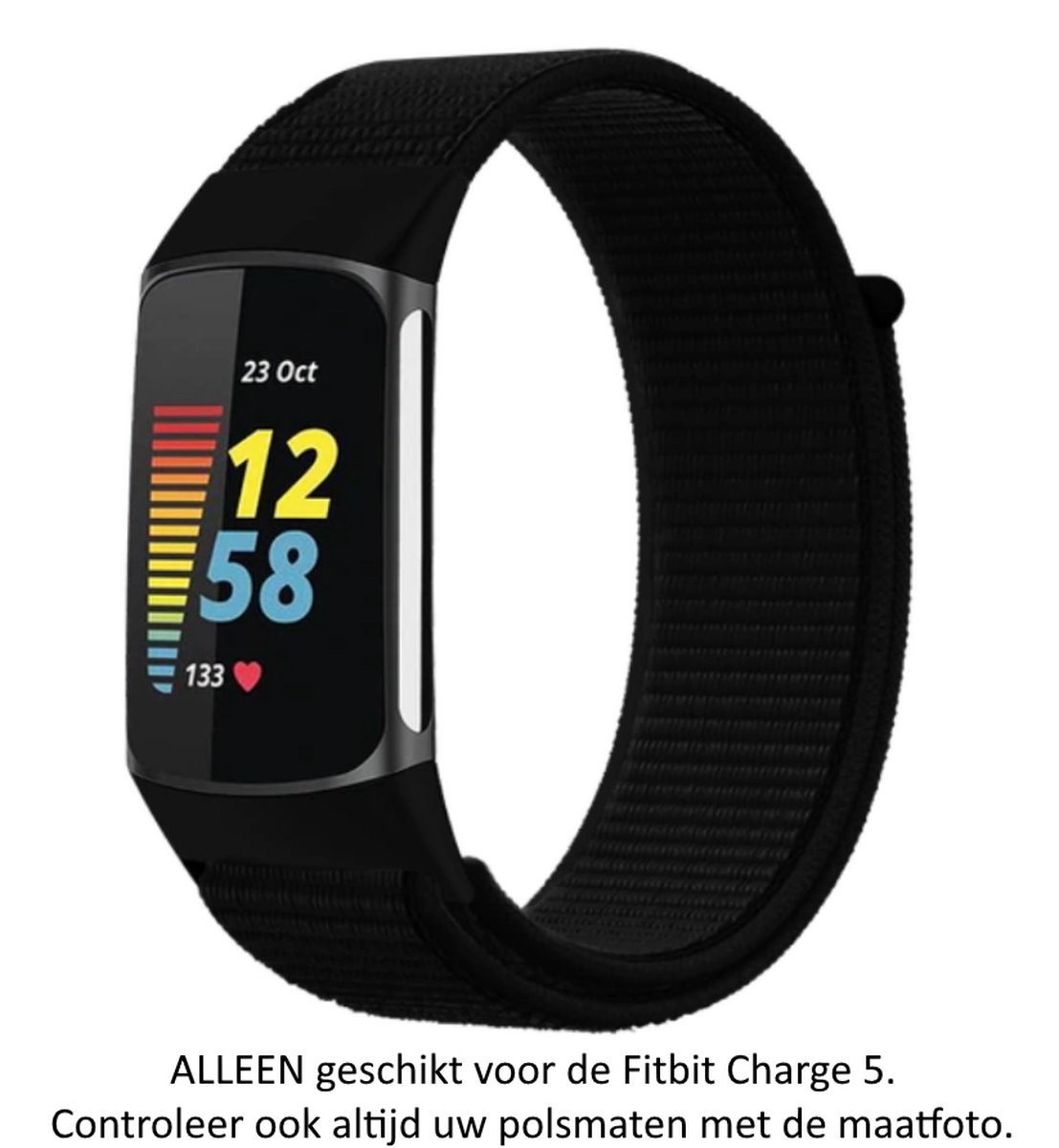 Zwart Verstelbaar Elastisch Nylon Horlogebandje geschikt voor Fitbit Charge 5 Charge 6 - black elastic nylon smartwatch strap - Polsbandje - Maat: zie maatfoto