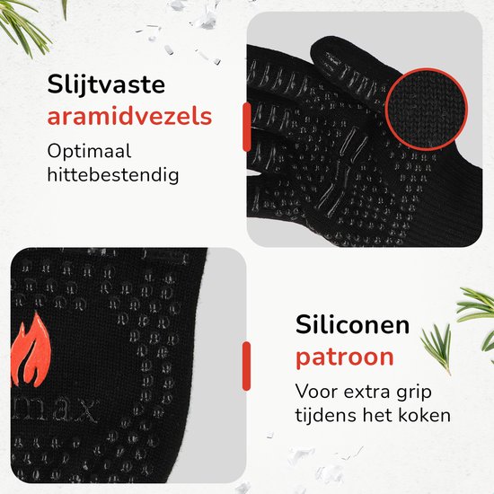 Zwarte handschoenen met siliconen noppen voor extra grip, gemaakt van slijtvaste aramidevezels.