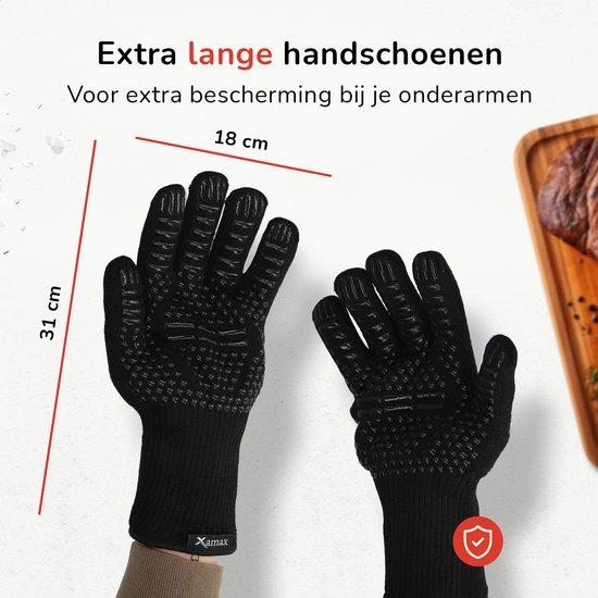 Zwarte, extra lange handschoenen (31 cm) met siliconen noppenpatroon voor extra grip.