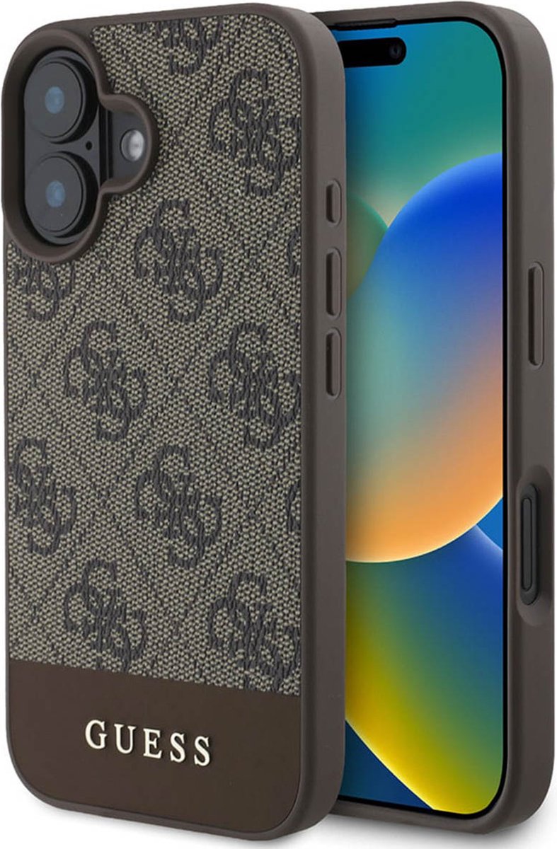Guess 4G Bottom Stripe Hoesje Geschikt voor Apple iPhone 16 - Back Cover Bruin